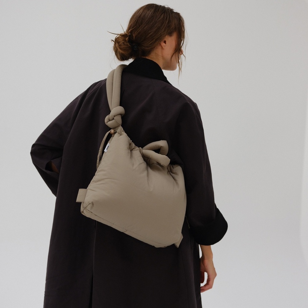 Taupe Knot-Handle Puffer Shoulder Bag
